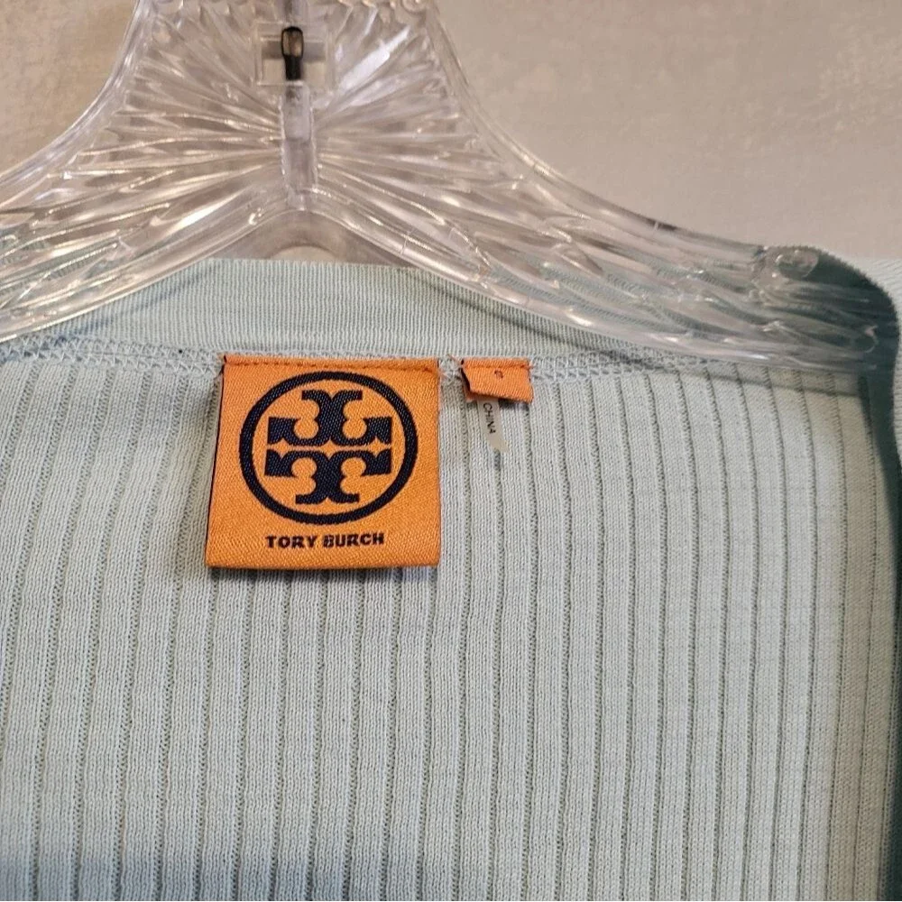 Tory Burch Simone Ribbed Button Down Cardigan Blue Gold Cotton Sz S